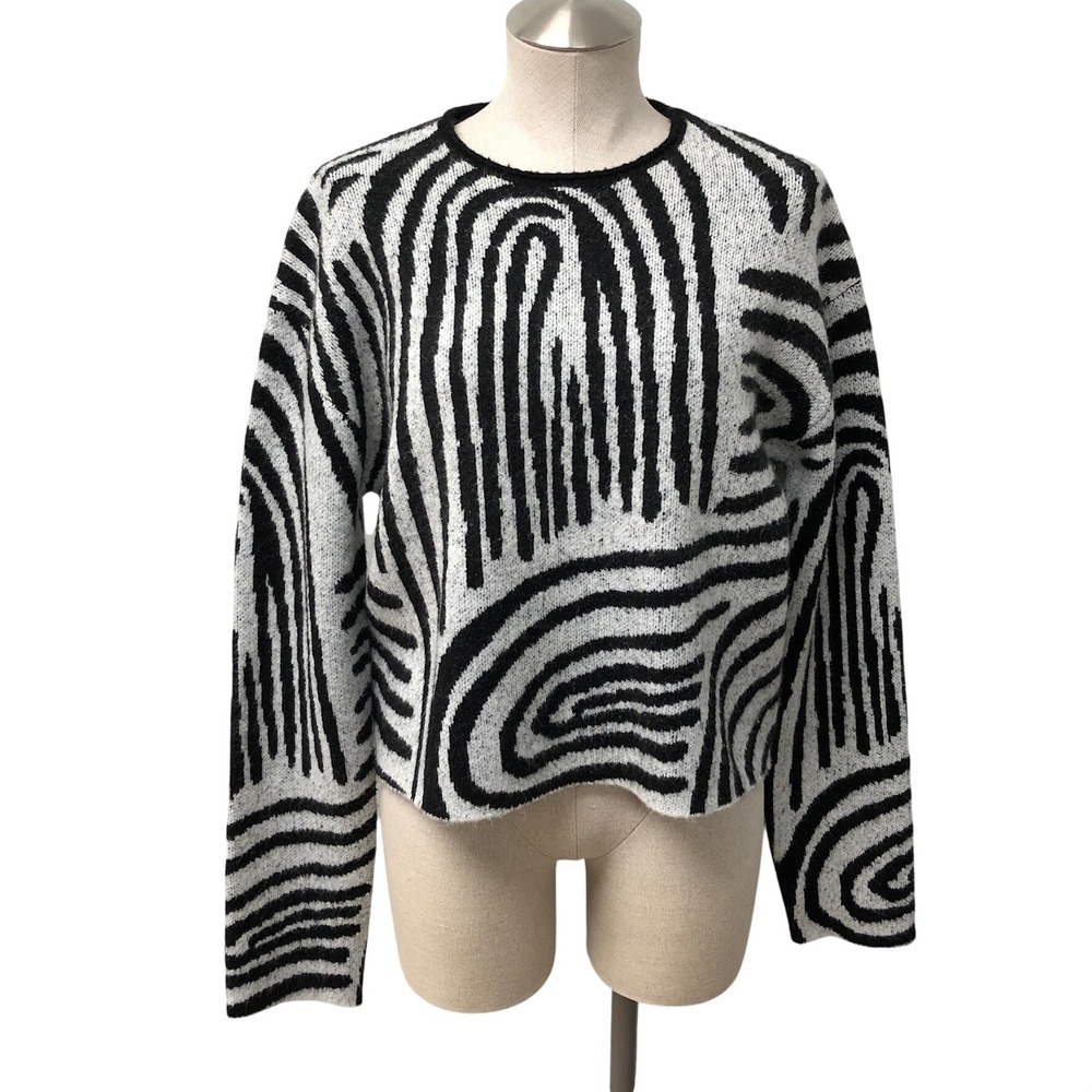 SAEMDI Sweater Womens XS Black White Abstract Swirl Print Crew Neck Knit